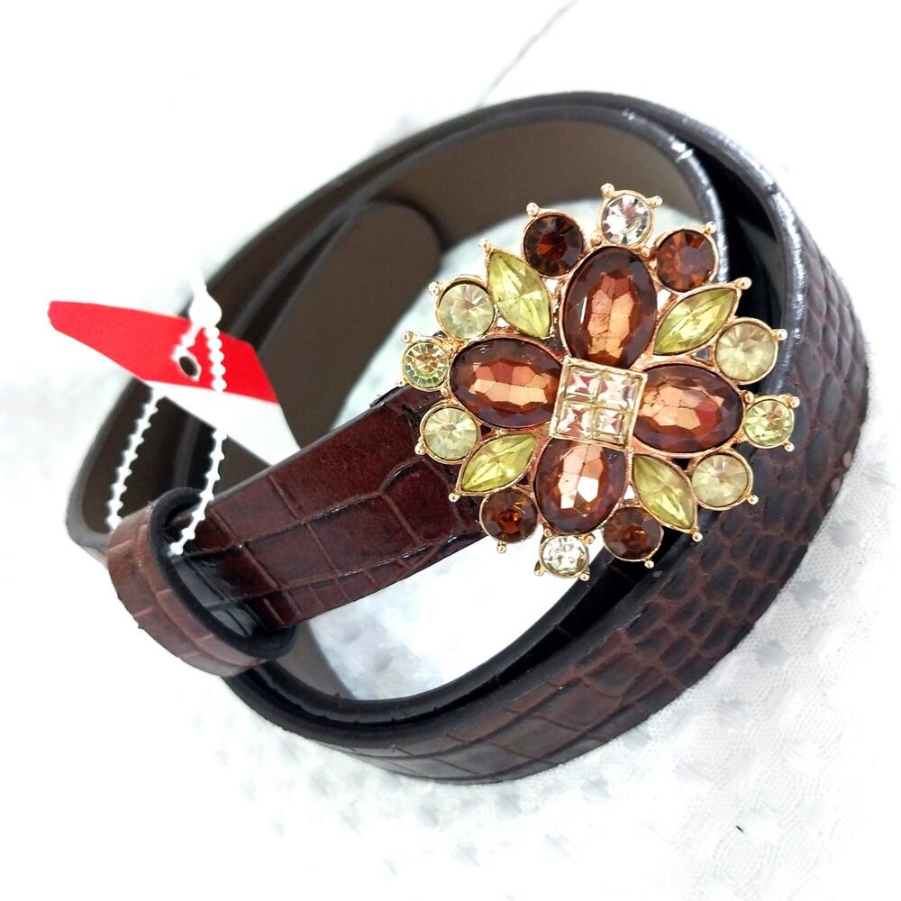 Liz Claiborne Brown Croc-Embossed Belt with Gemstone Floral Buckle